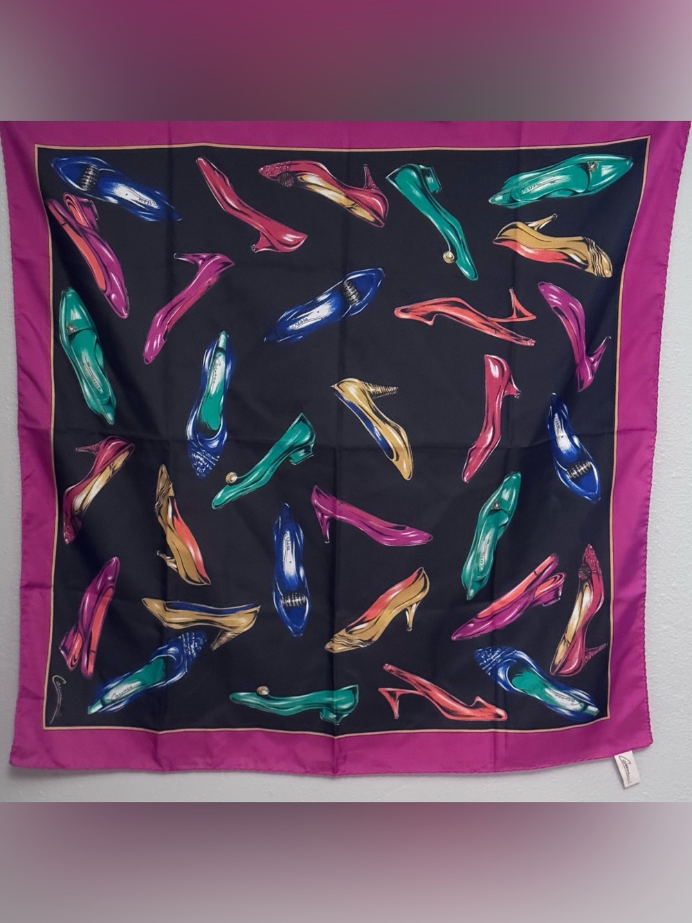 Made in Italy Caressa Silk-Feel Black Scarf with Multicolor Shoe Motif